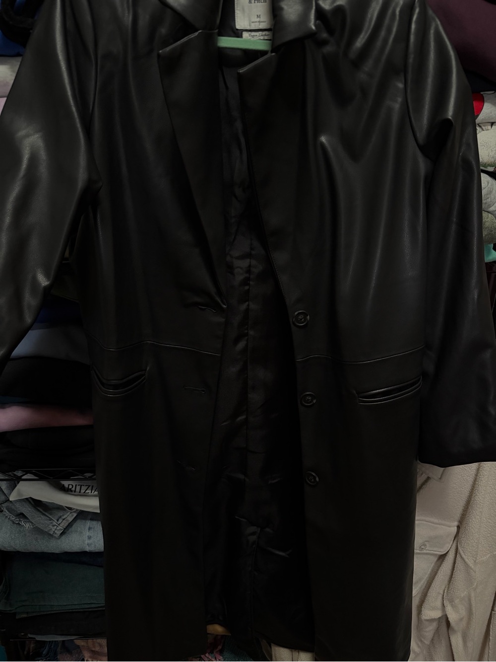 Leather-Look Black Women's Coat - Classic Long Trench